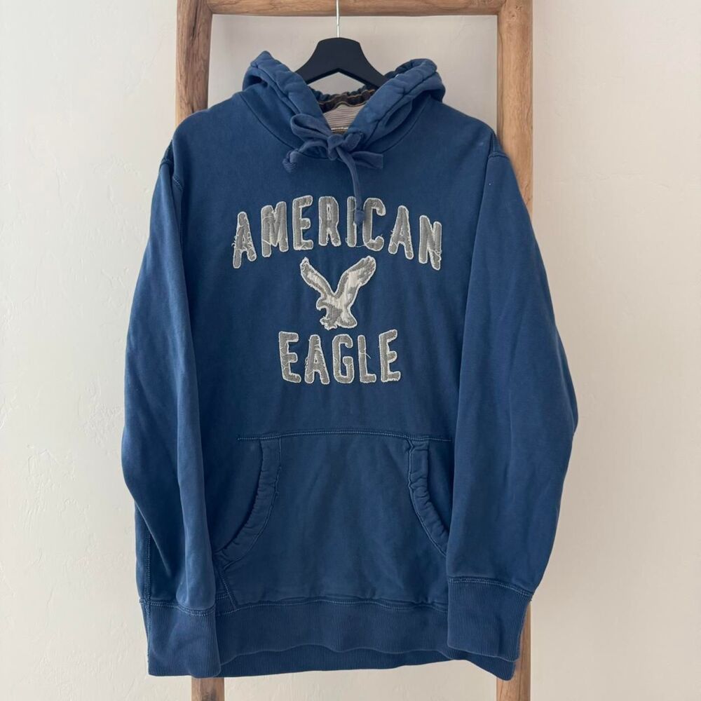 American-eagle Men's Blue and Navy Hoodie Y2K